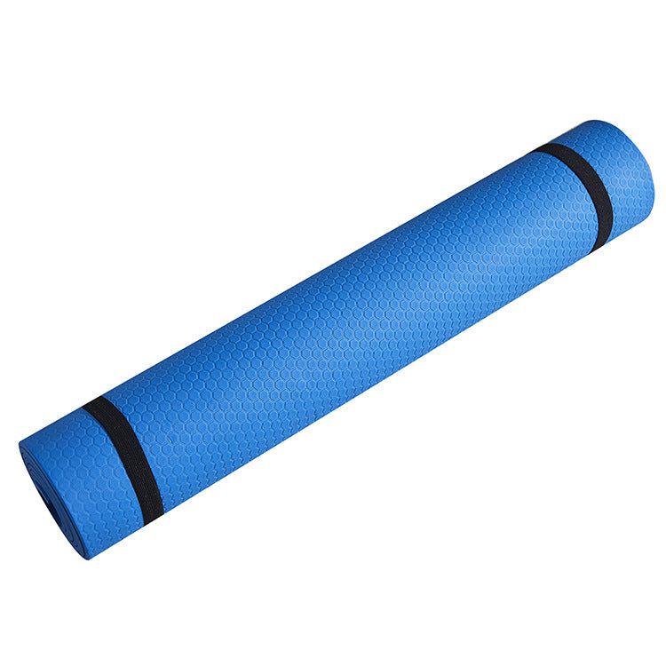 Yoga Mat Fitness Moisture-proof Thickened EVA, solid blue color, rolled up, ideal for fitness and running sports.