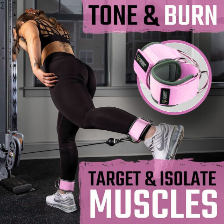 Person exercising with a pink and gray exercise device, surrounded by promotional text about 'Tone & Burn' and 'Target & Isolate Muscles'.